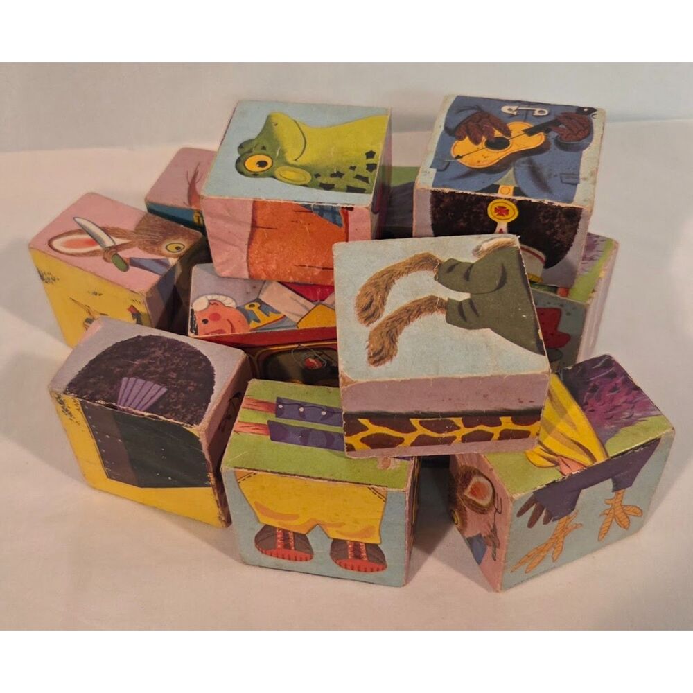 Vintage Wooden Picture Blocks Animal Train Puzzle Toy Mid Century Set